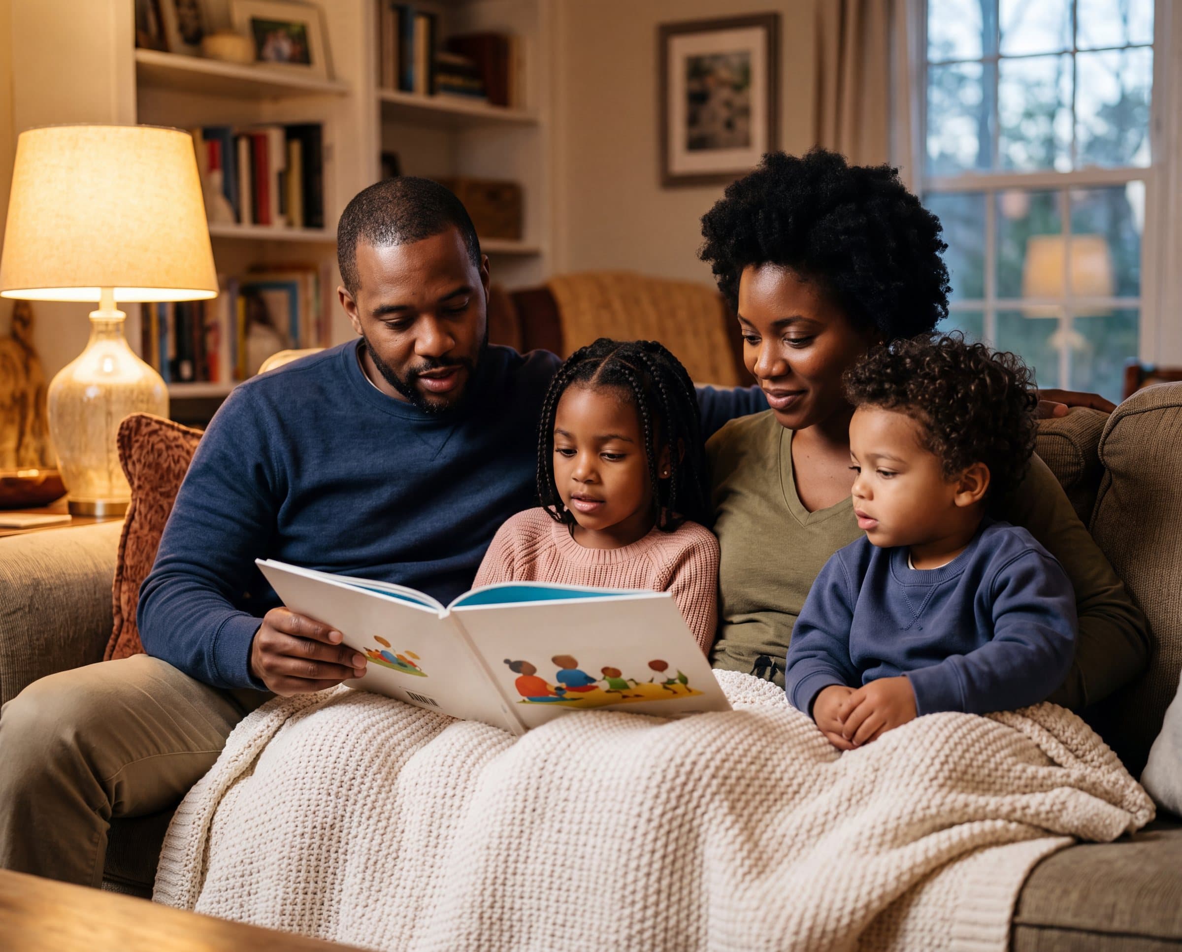 A family reading together under a blanket